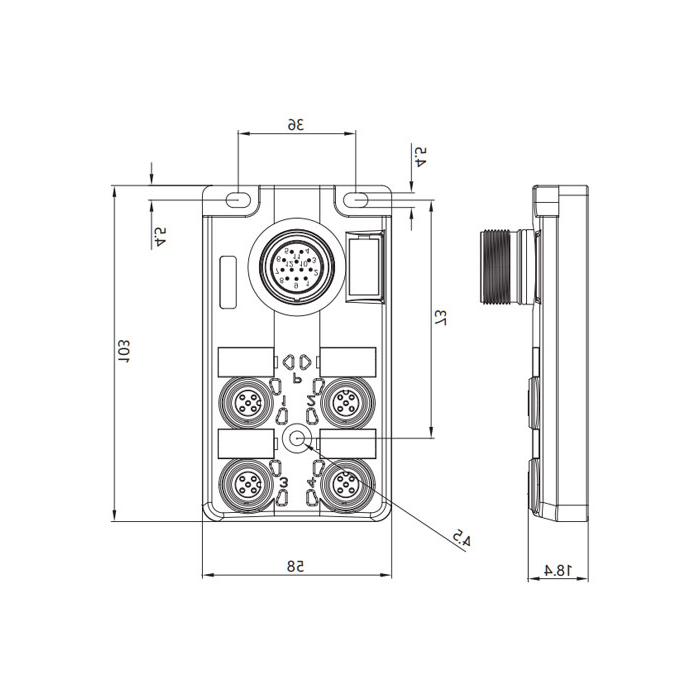 M12分线盒、单通道、Without LED、4端口分体式、M23集成接口基座、24W4CT